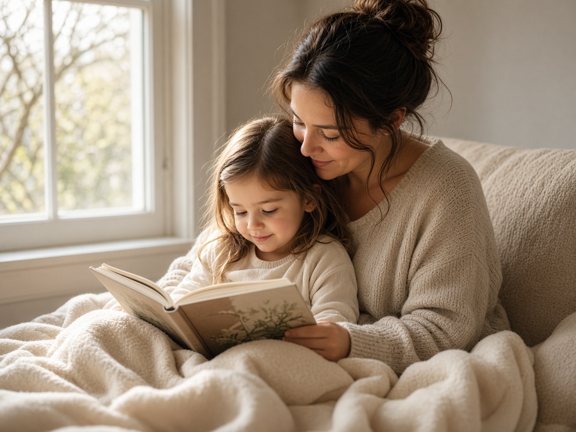 A parent and child reading together by a sunny window