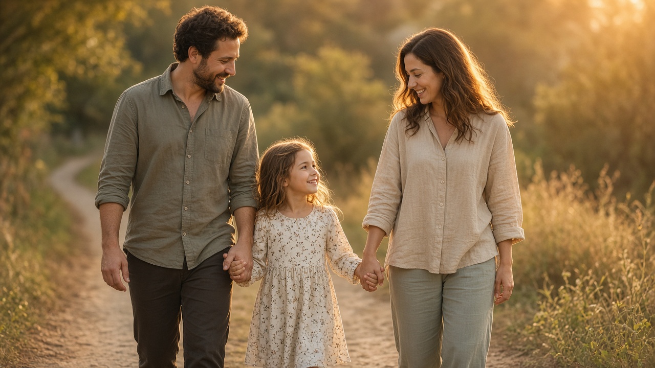 A family walking together outdoors in golden light